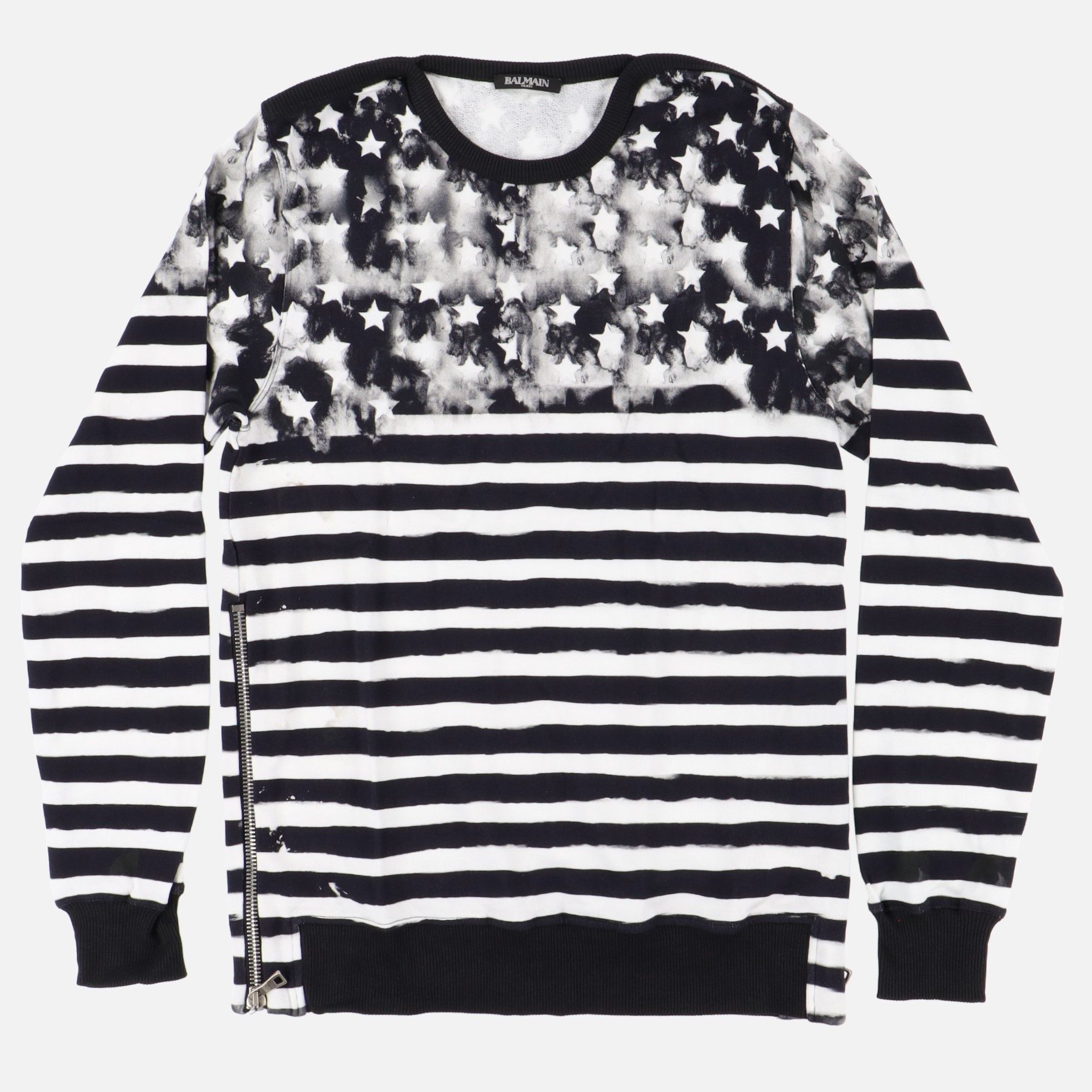image of Balmain Flag Print Side Zip Sweatshirt in Black, Men's (Size Small)