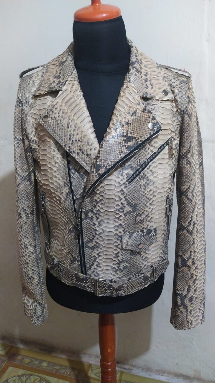 Handmade Gray Snakeskin Leather Motorcycle Jacket Size US XL / EU 56 / 4 - 5 Thumbnail