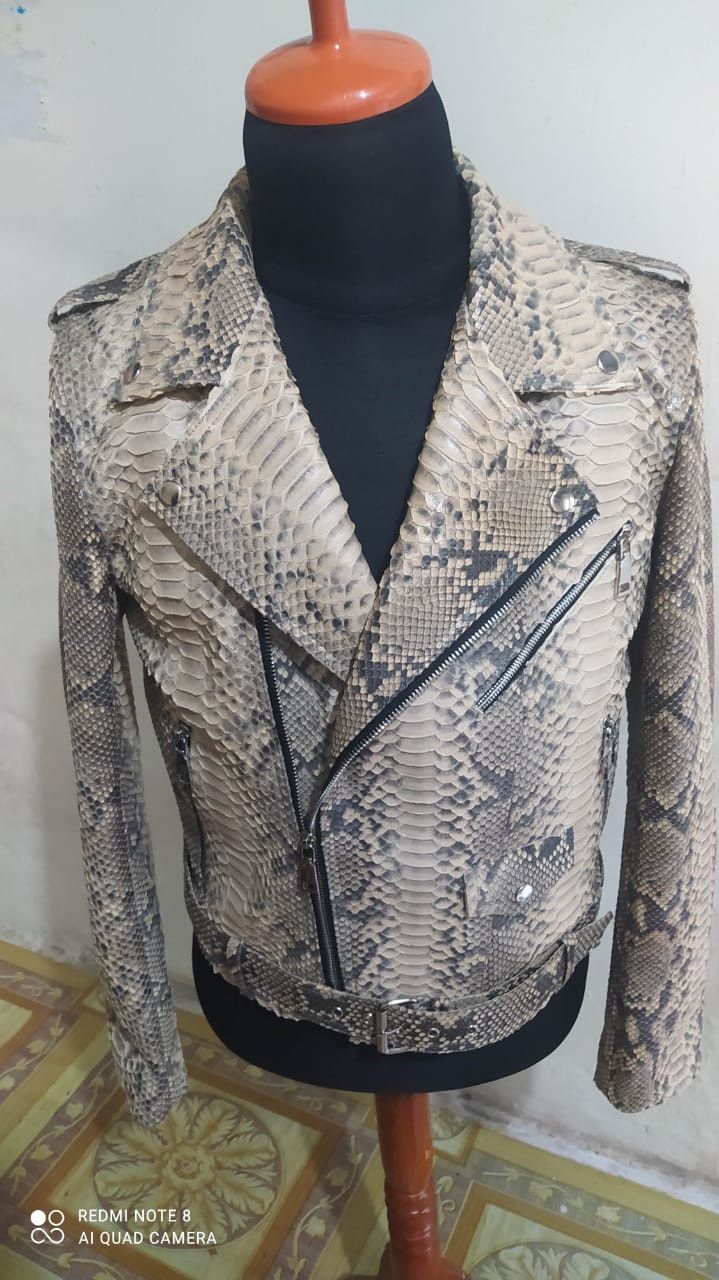Handmade Gray Snakeskin Leather Motorcycle Jacket Size US XL / EU 56 / 4 - 2 Thumbnail