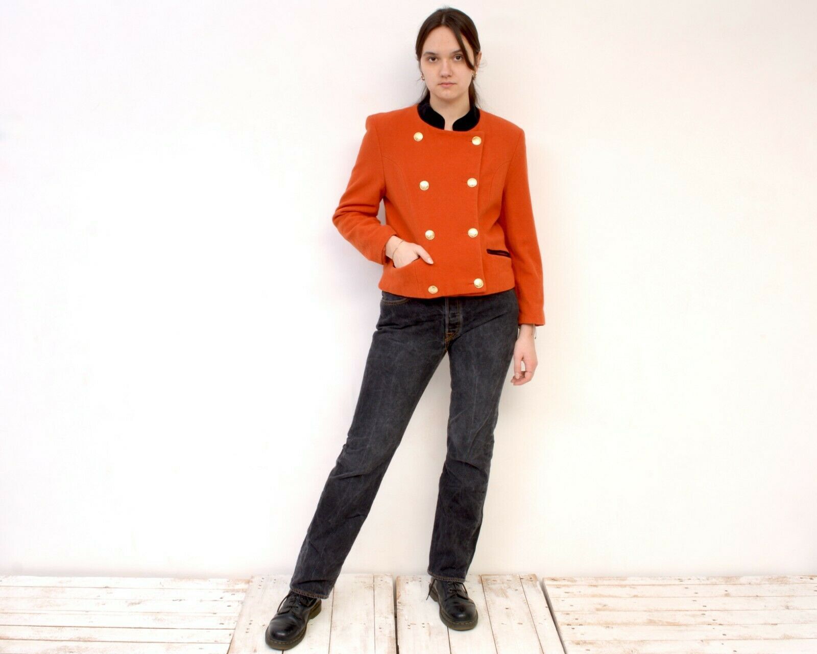 Other × Vintage Women Blazer Jacket Coat Double Breasted Golden Buttons Crop Size L / US 10 / IT 46 - 2 Thumbnail