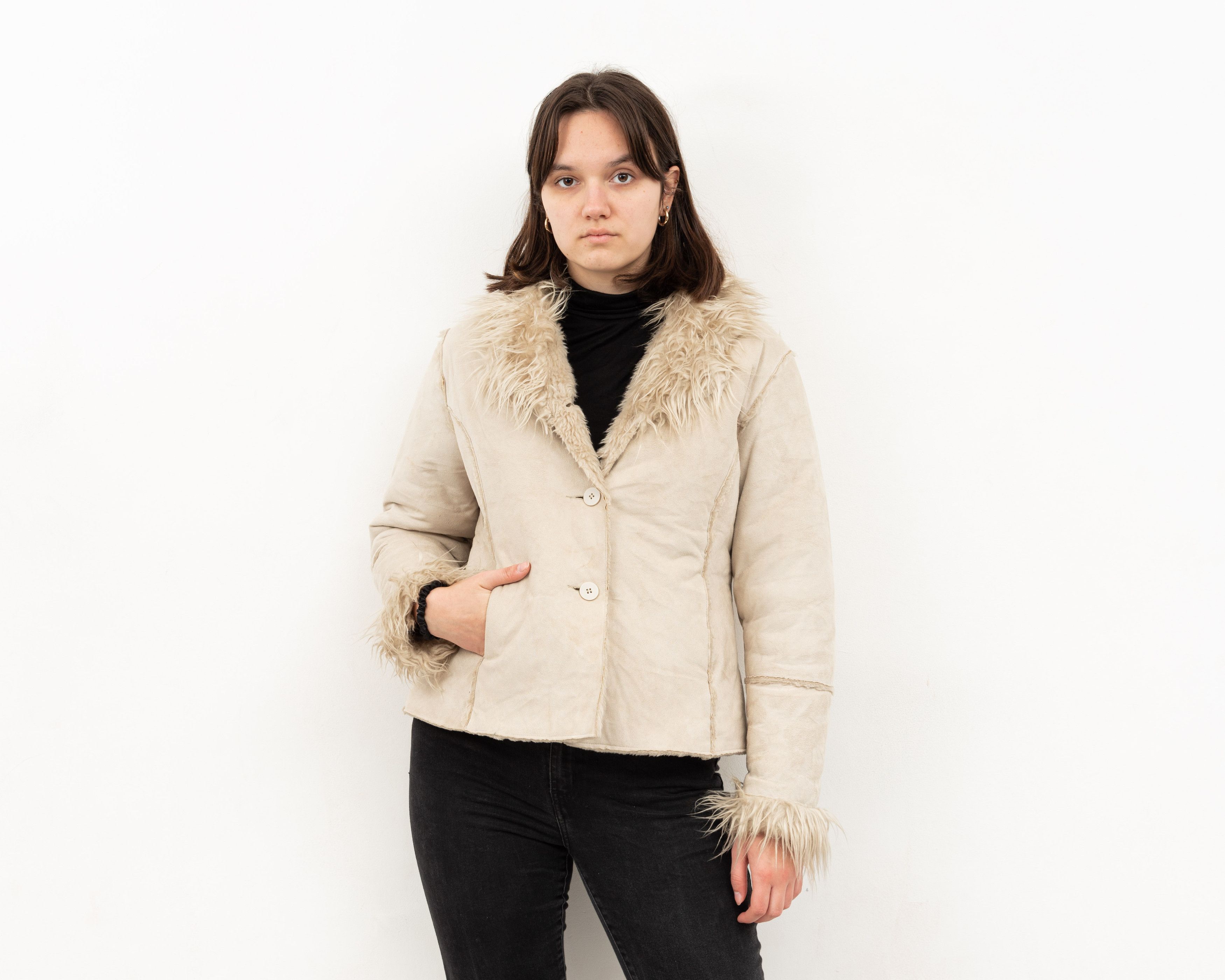 Vintage M Faux Suede Leather Fur Shearling Afghan Jacket Over Coat Size M / US 6-8 / IT 42-44 - 2 Thumbnail