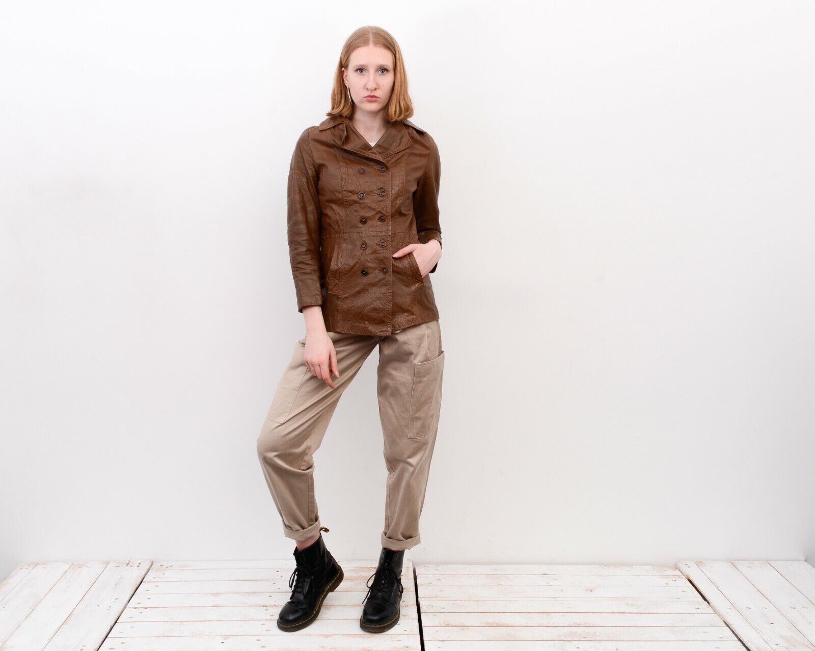 Designer × Vintage Women's S Leather Brown Double Breasted Leather Jacket Coat Size S / US 4 / IT 40 - 4 Thumbnail