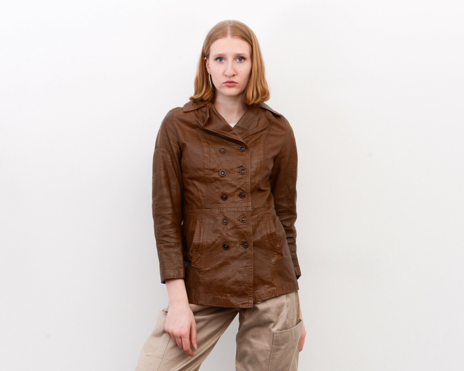 Designer × Vintage Women's S Leather Brown Double Breasted Leather Jacket Coat Size S / US 4 / IT 40 - 2 Thumbnail