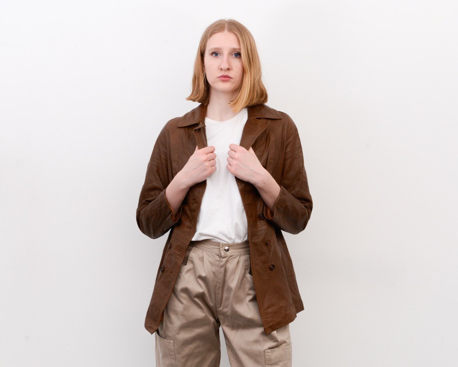 Designer × Vintage Women's S Leather Brown Double Breasted Leather Jacket Coat Size S / US 4 / IT 40 - 1 Thumbnail