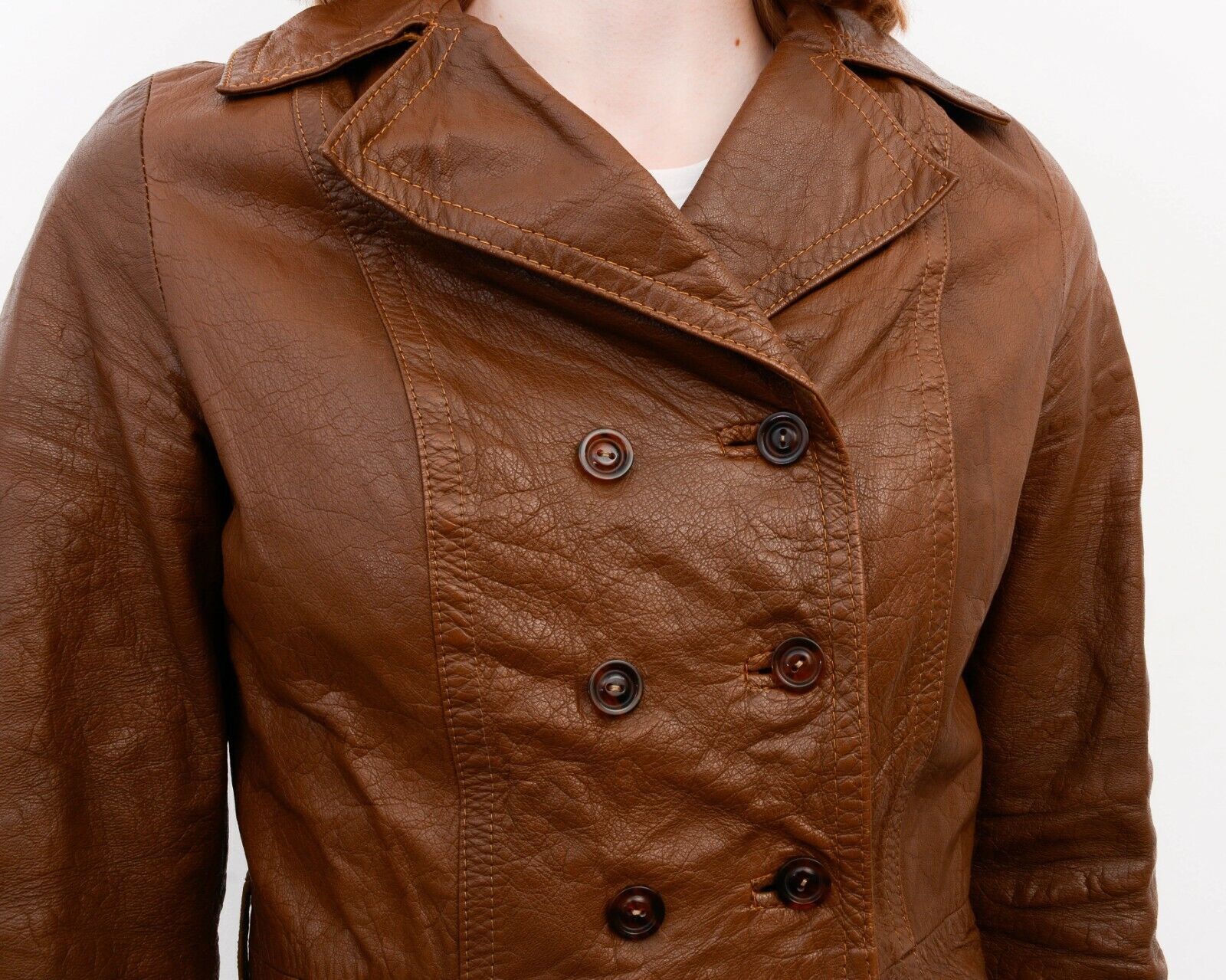 Designer × Vintage Women's S Leather Brown Double Breasted Leather Jacket Coat Size S / US 4 / IT 40 - 6 Thumbnail