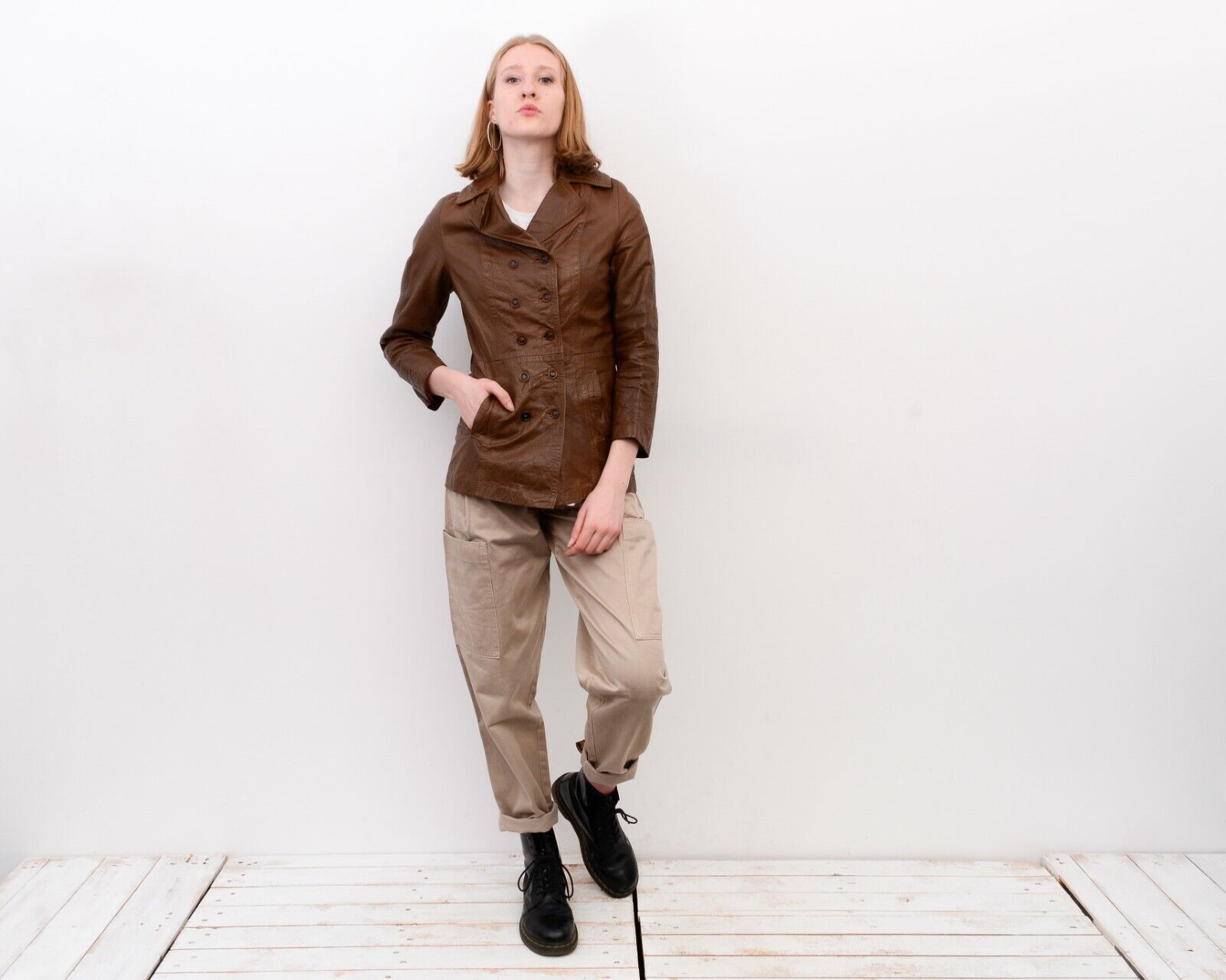 Designer × Vintage Women's S Leather Brown Double Breasted Leather Jacket Coat Size S / US 4 / IT 40 - 3 Thumbnail