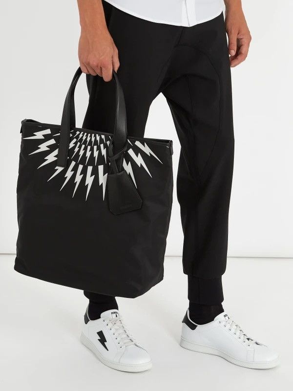 Neil Barrett Lightning Bolt Leather Trim Nylon Tote Bag