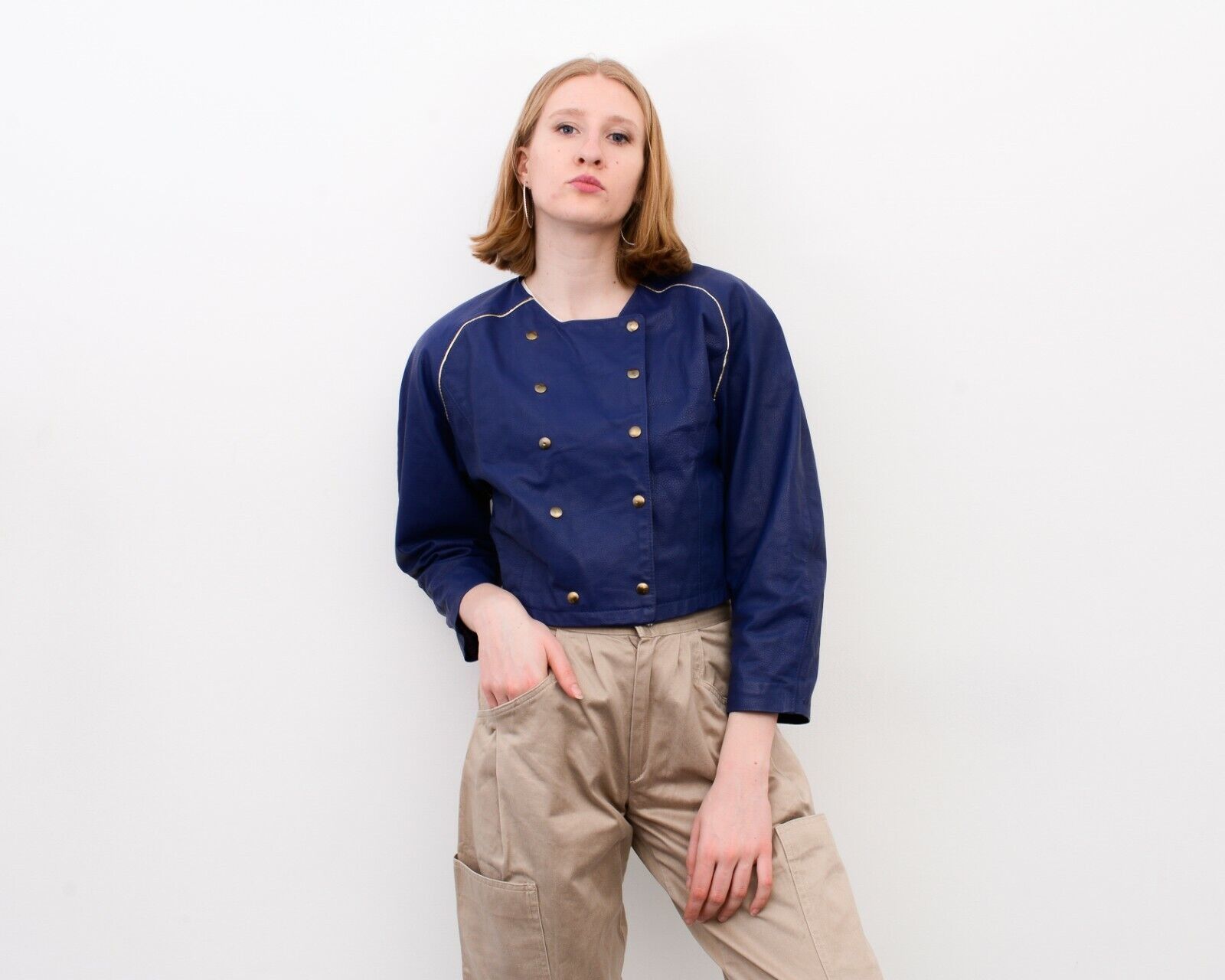 Other × Vintage Women Crop Double Breasted Jacket Snap Buttons Puffy Sleeves Size M / US 6-8 / IT 42-44 - 1 Thumbnail
