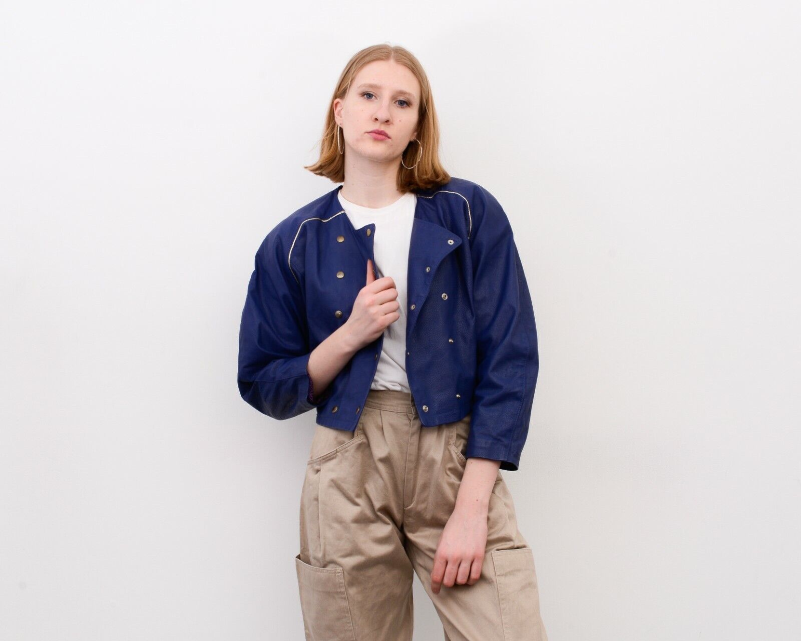 Other × Vintage Women Crop Double Breasted Jacket Snap Buttons Puffy Sleeves Size M / US 6-8 / IT 42-44 - 2 Thumbnail