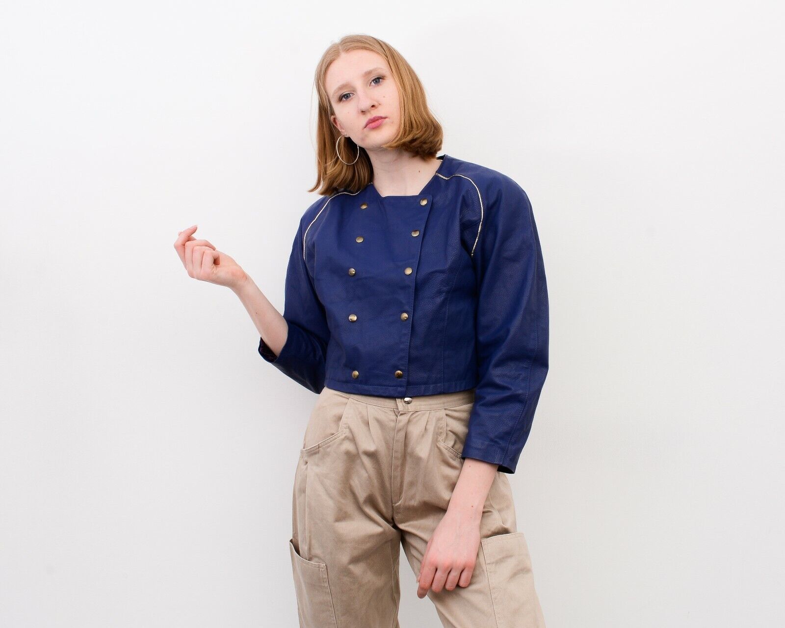 Other × Vintage Women Crop Double Breasted Jacket Snap Buttons Puffy Sleeves Size M / US 6-8 / IT 42-44 - 6 Thumbnail