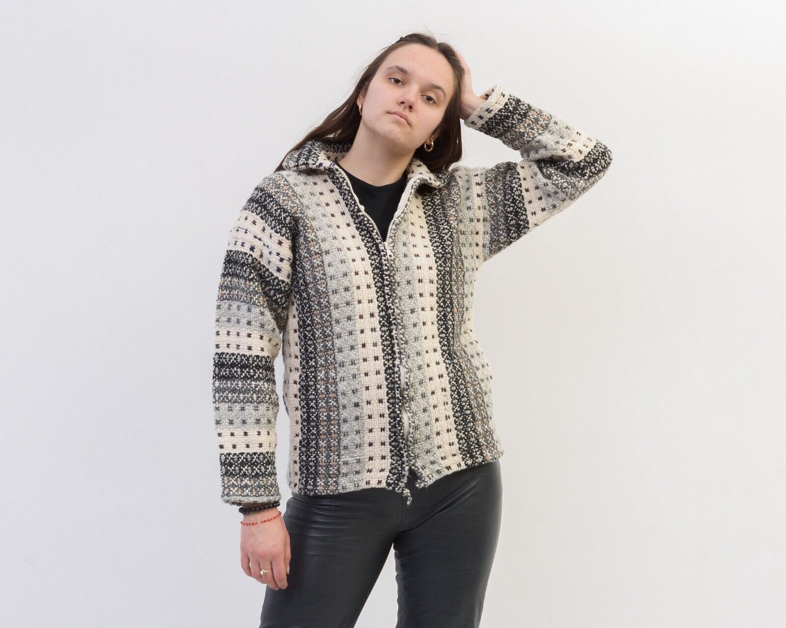Vintage Women Cardigan Sweater Jacket Knitted Zip Up Boho Cropped Size M / US 6-8 / IT 42-44 - 2 Thumbnail