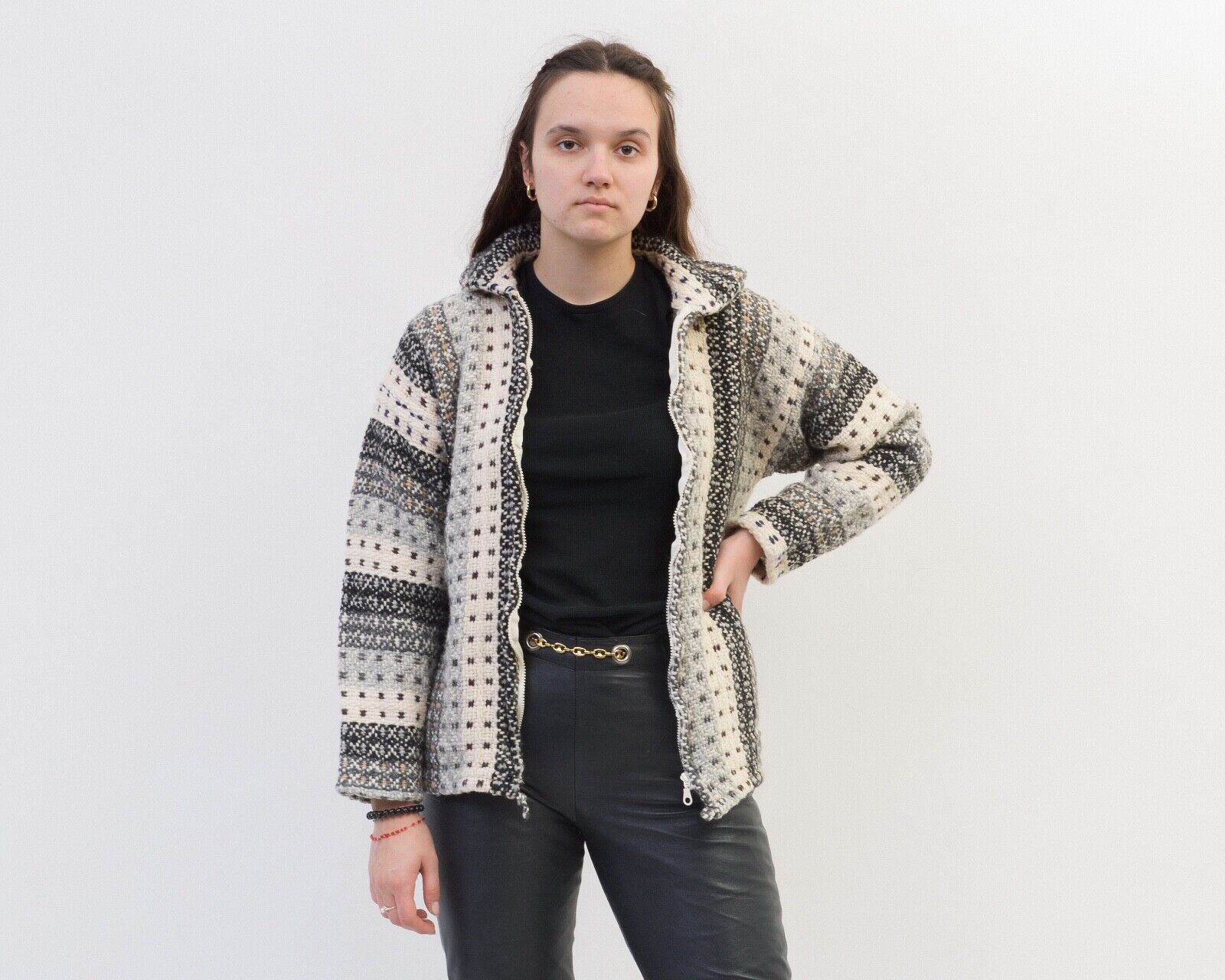 Vintage Women Cardigan Sweater Jacket Knitted Zip Up Boho Cropped Size M / US 6-8 / IT 42-44 - 3 Thumbnail