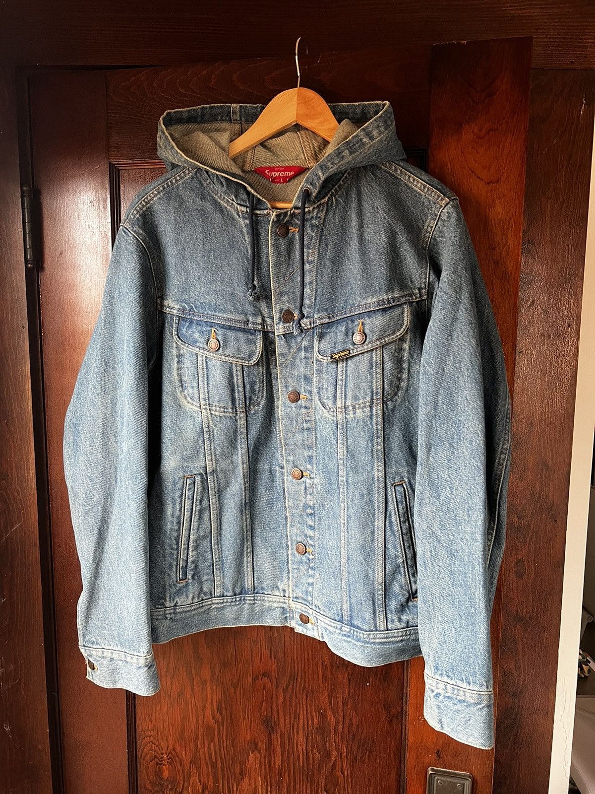 image of Supreme Hooded Denim Jacket in Indigo, Men's (Size Large)