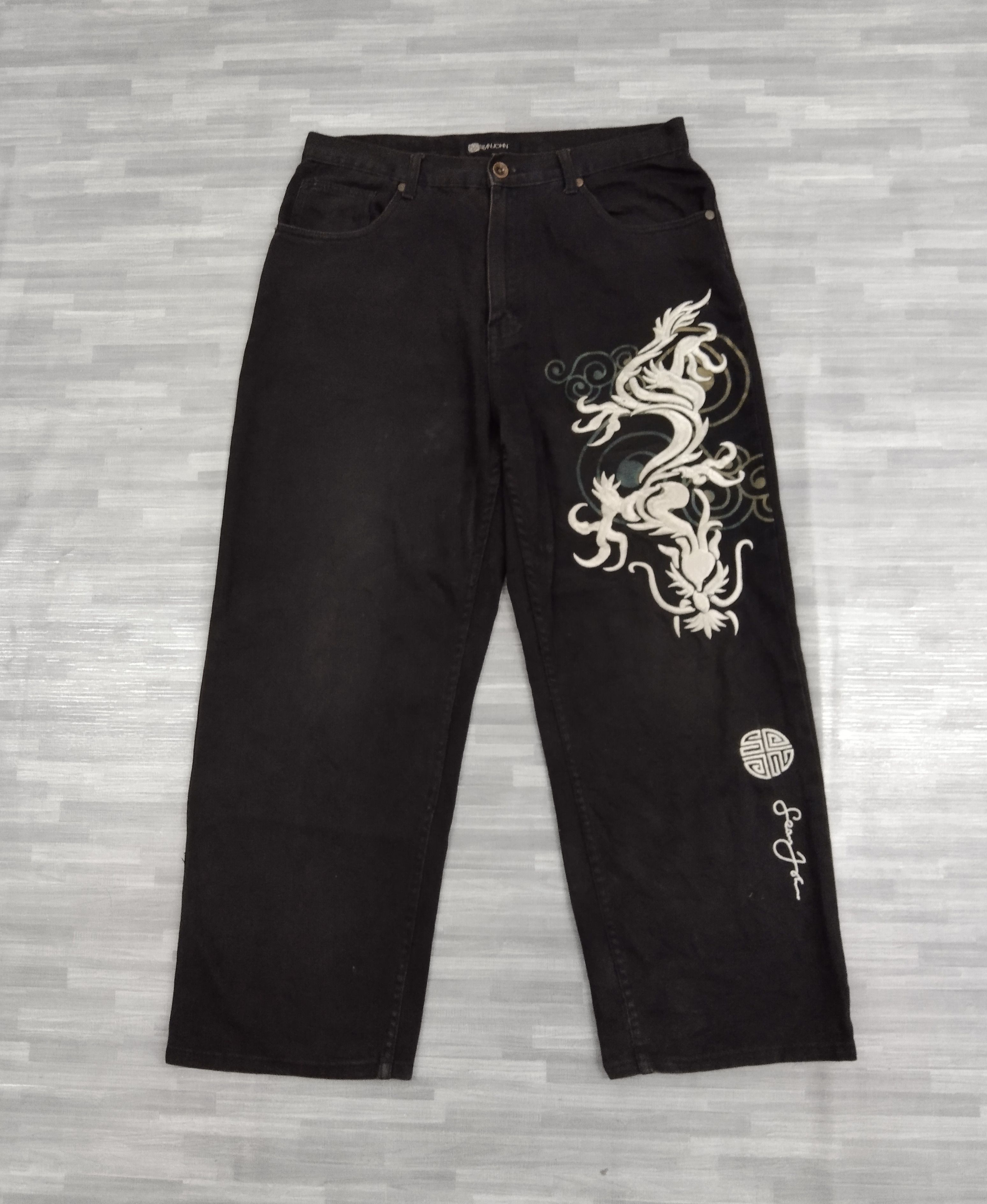 Sean John BAGGY🔥DiSTRESSED SEAN JOHN EMBROIDED DENIM PANTS Size US 33 - 2 Thumbnail