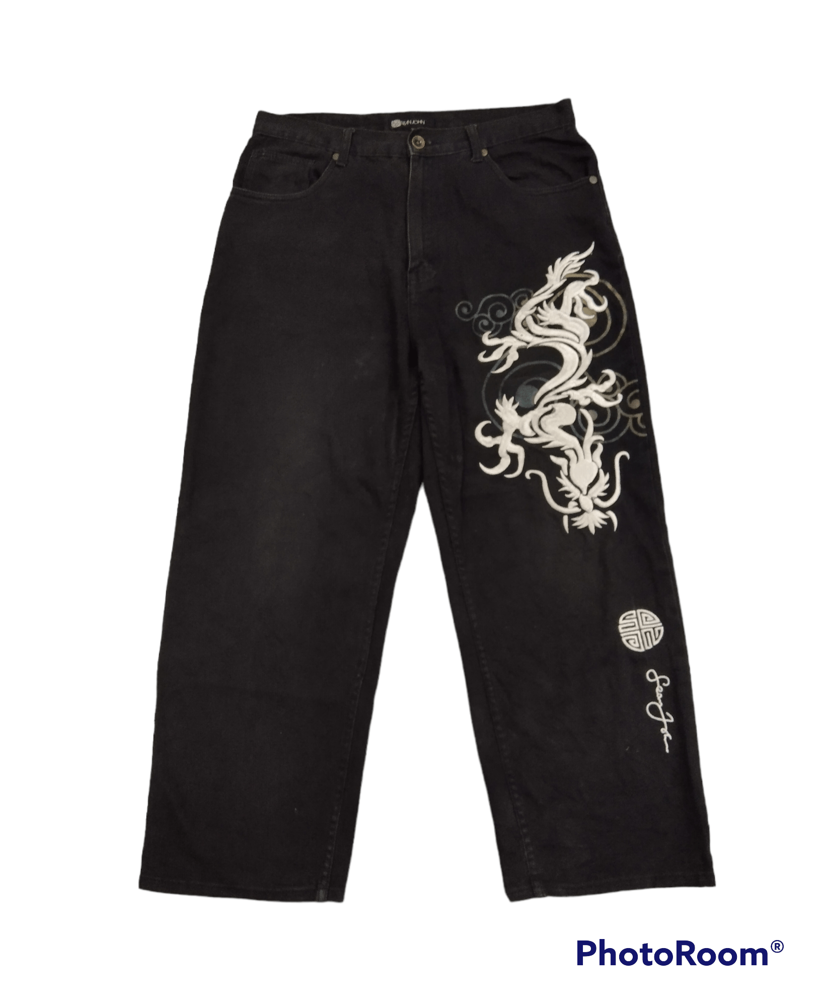 Sean John BAGGY🔥DiSTRESSED SEAN JOHN EMBROIDED DENIM PANTS Size US 33 - 1 Thumbnail