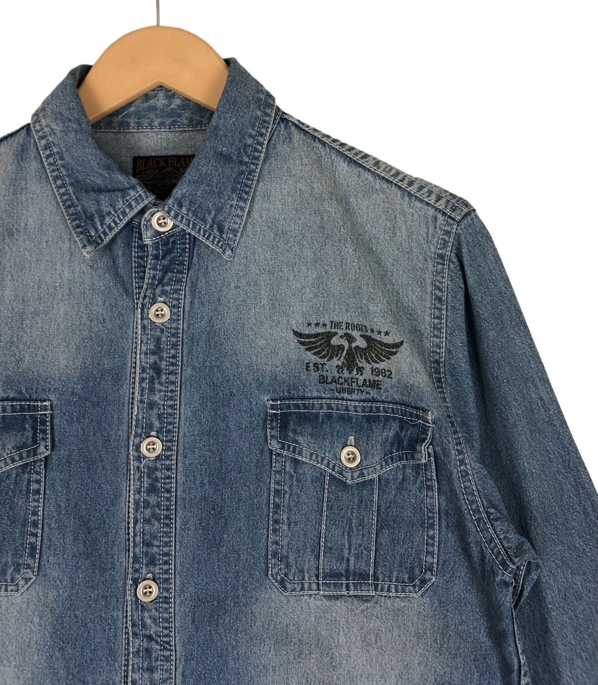 Japanese Brand Japan Brand Black Flame Skull Denim Shirt Size US L / EU 52-54 / 3 - 5 Thumbnail