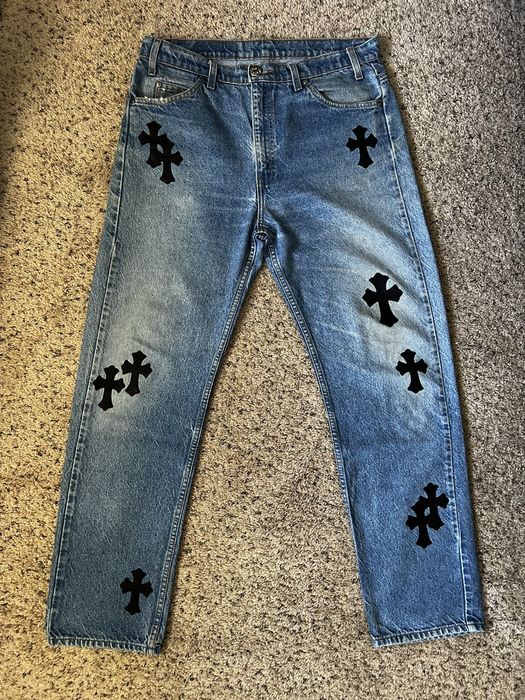 Chrome Hearts CHROME HEARTS INDIGO DENIM JEANS BLACK LEATHER CROSS ...