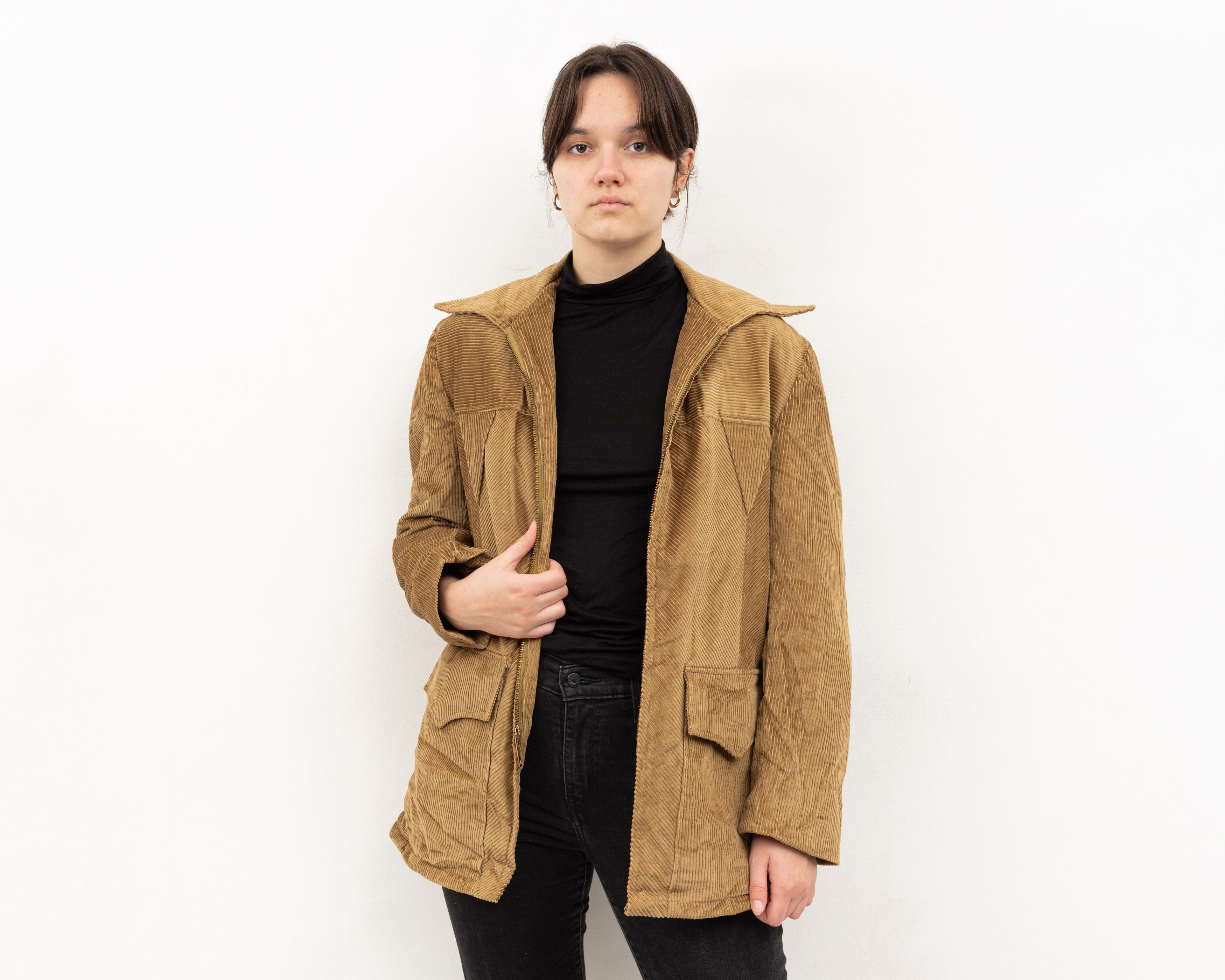 Other × Vintage Corduroy Jacket Faux Fur Lining Over Coat Cords Warm Zip Up Size M / US 6-8 / IT 42-44 - 3 Thumbnail