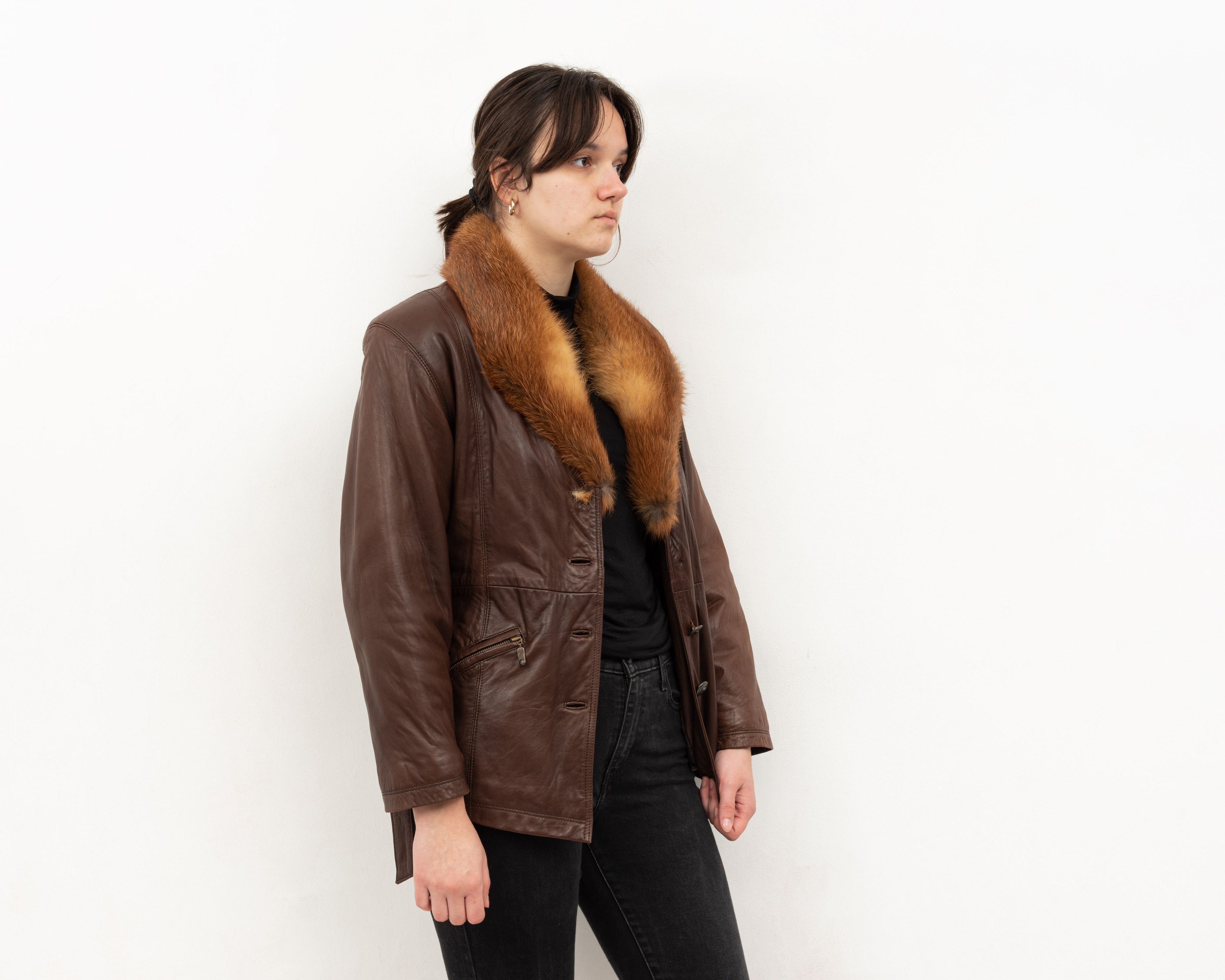 Other × Vintage Real Fox Fur Goat Leather Jacket Over Coat Belted Winter Size M / US 6-8 / IT 42-44 - 2 Thumbnail
