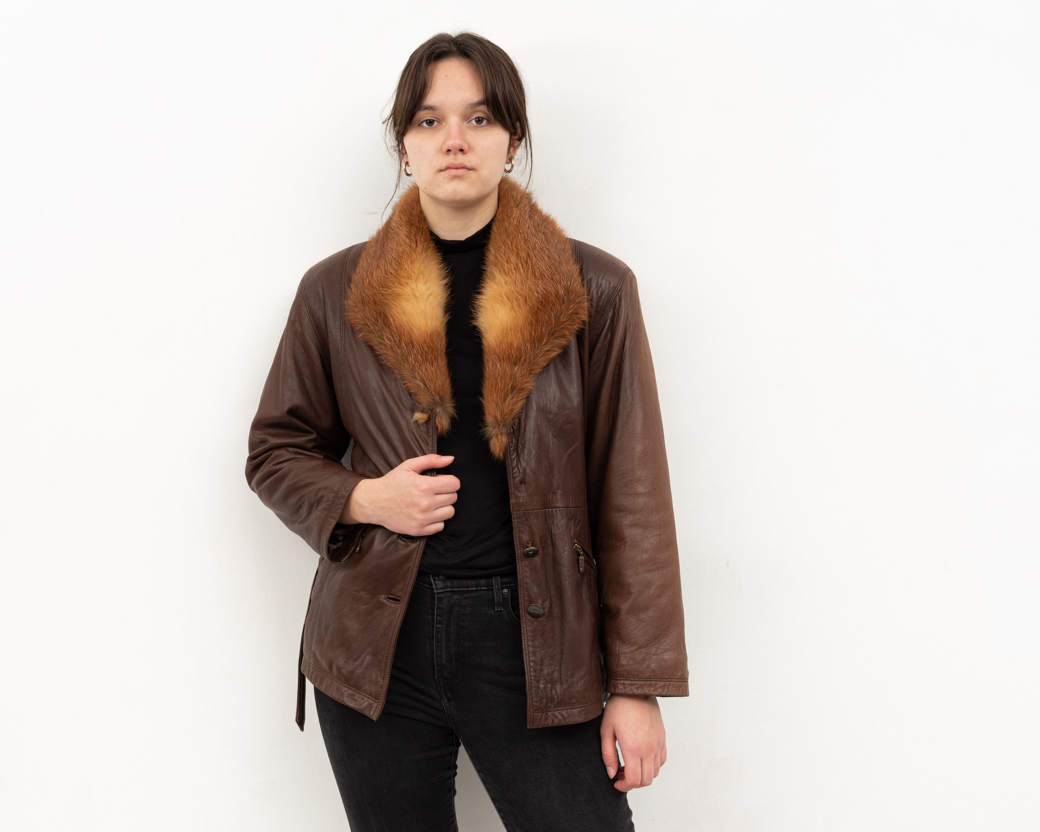 Other × Vintage Real Fox Fur Goat Leather Jacket Over Coat Belted Winter Size M / US 6-8 / IT 42-44 - 3 Thumbnail