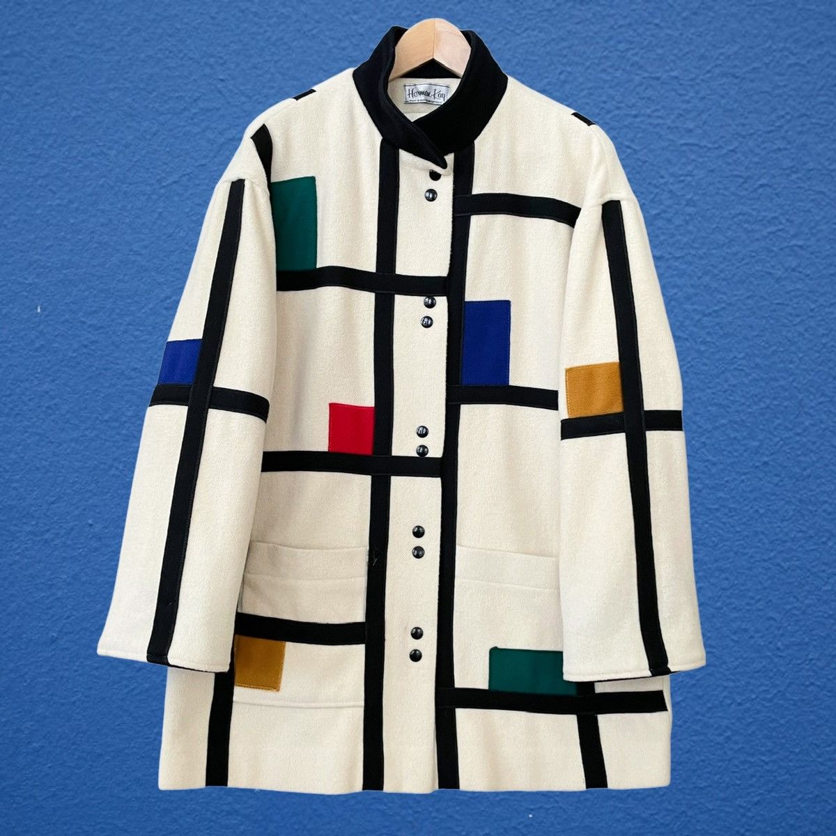 Vintage Coat Retro 1960s Herman Kay + Wool Blend + Abstract + Mondrian Style + Mod + Statement + Multi Color store + Fashion + Apparel