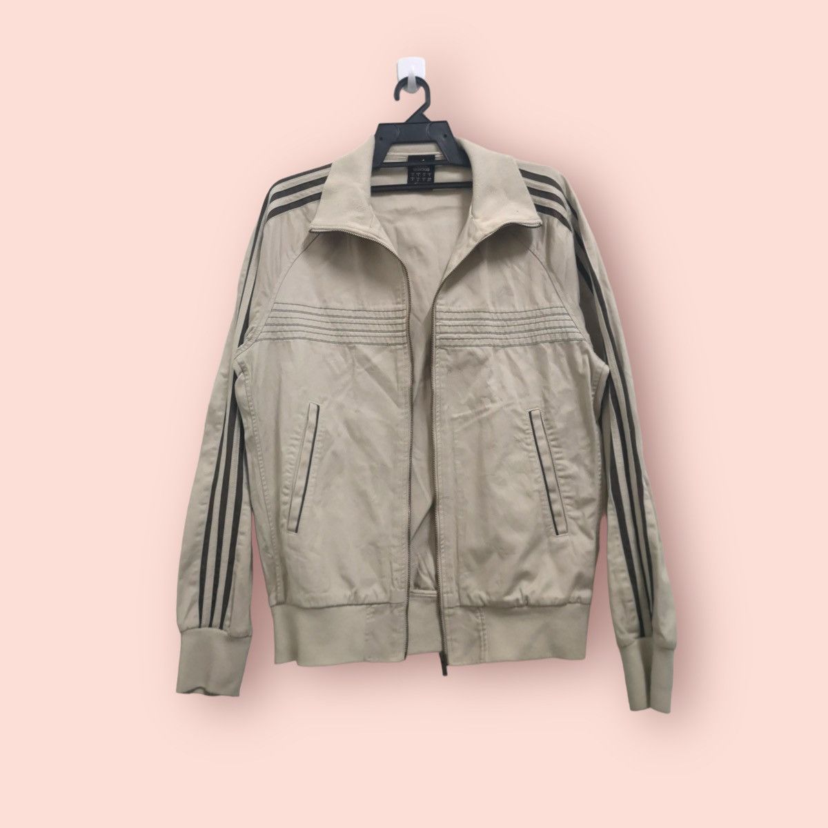 image of Y2K Adidas 3 Stripes Spellout Casual Zipper Jacket in Light Brown, Men's (Size Medium)