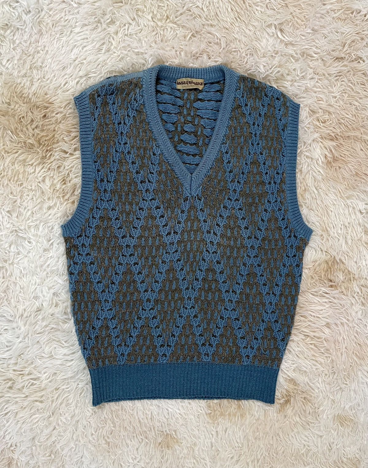 image of Issey Miyake 1970’S Diamond Pattern Sweater Vest in Teal, Men's (Size Medium)