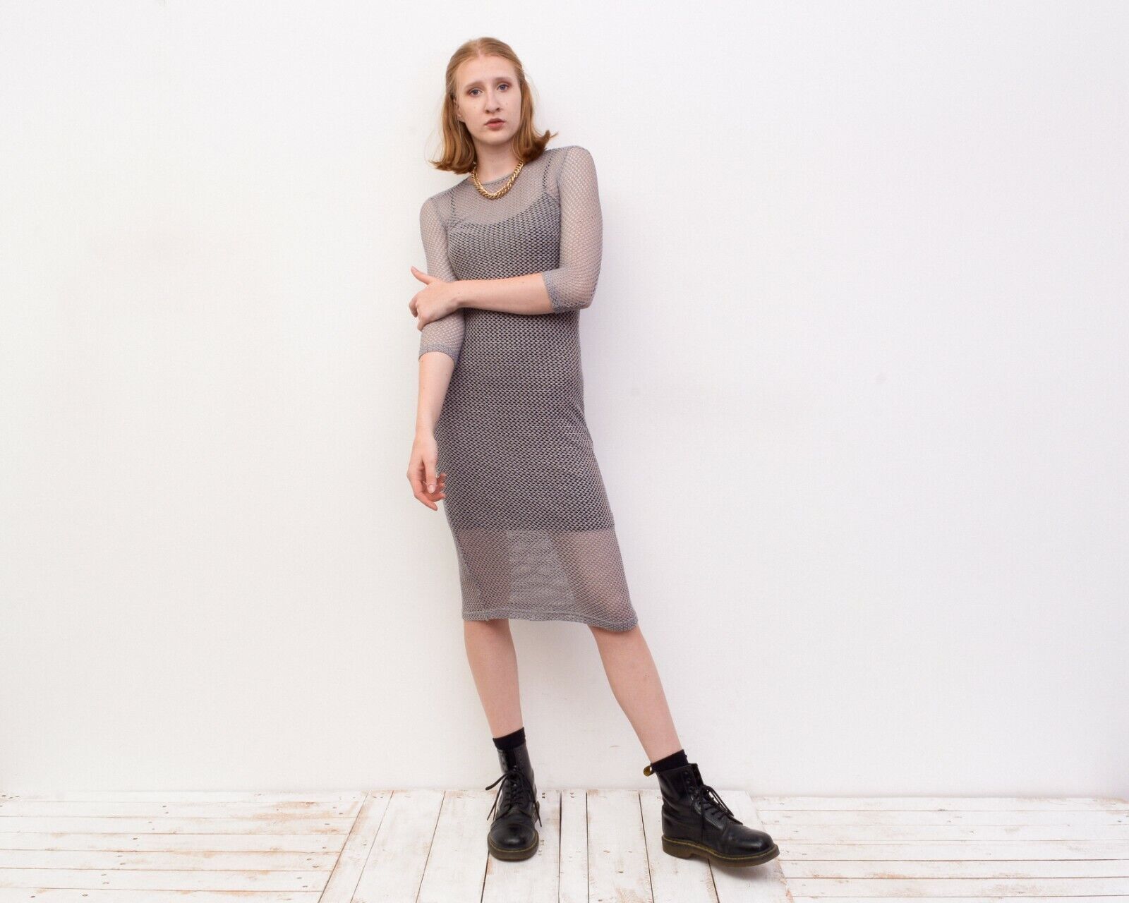 Other × Vintage ONLY Stretchy Crochet Midi Dress Knitted Fishnet See Trough Size S / US 4 / IT 40 - 2 Thumbnail
