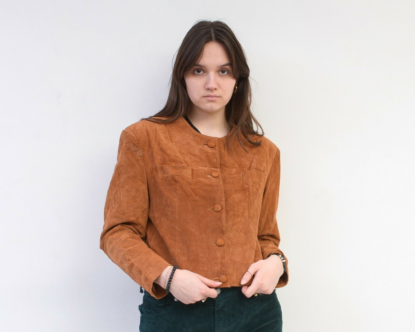 Vintage 90s Suede Leather Basic Jacket Blazer Button Up Coat Short Size M / US 6-8 / IT 42-44 - 1 Thumbnail