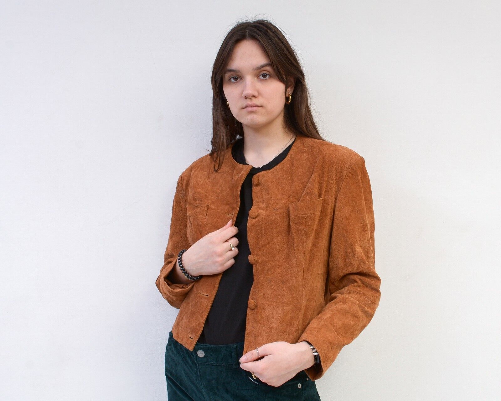 Vintage 90s Suede Leather Basic Jacket Blazer Button Up Coat Short Size M / US 6-8 / IT 42-44 - 2 Thumbnail