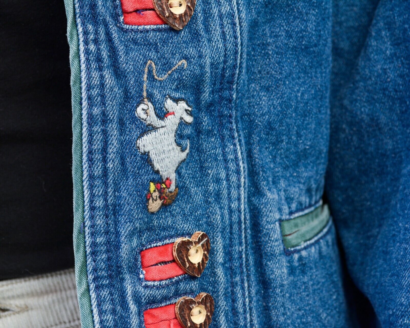 Other × Vintage Alphorn Trachten Denim Blazer Jacket Wooden Heart Buttons Size L / US 10 / IT 46 - 6 Thumbnail