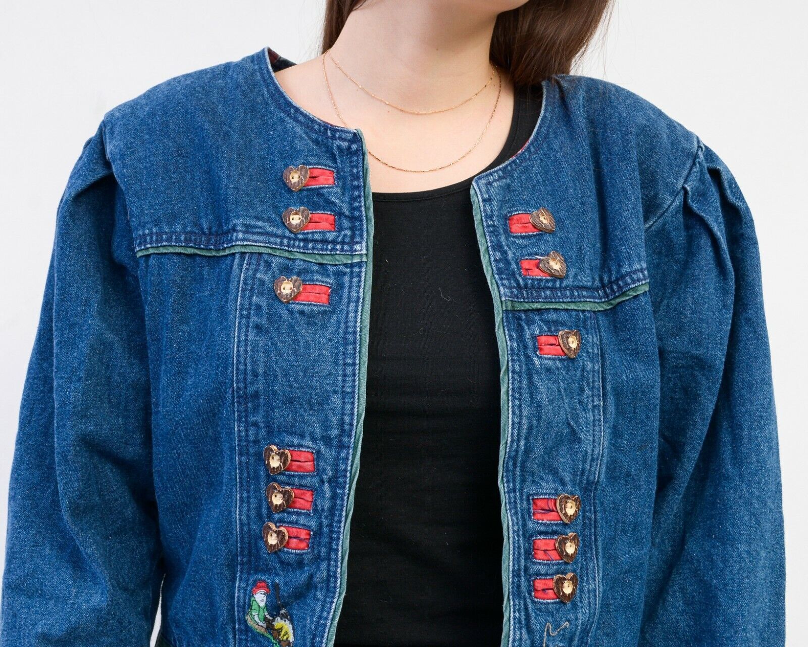 Other × Vintage Alphorn Trachten Denim Blazer Jacket Wooden Heart Buttons Size L / US 10 / IT 46 - 5 Thumbnail