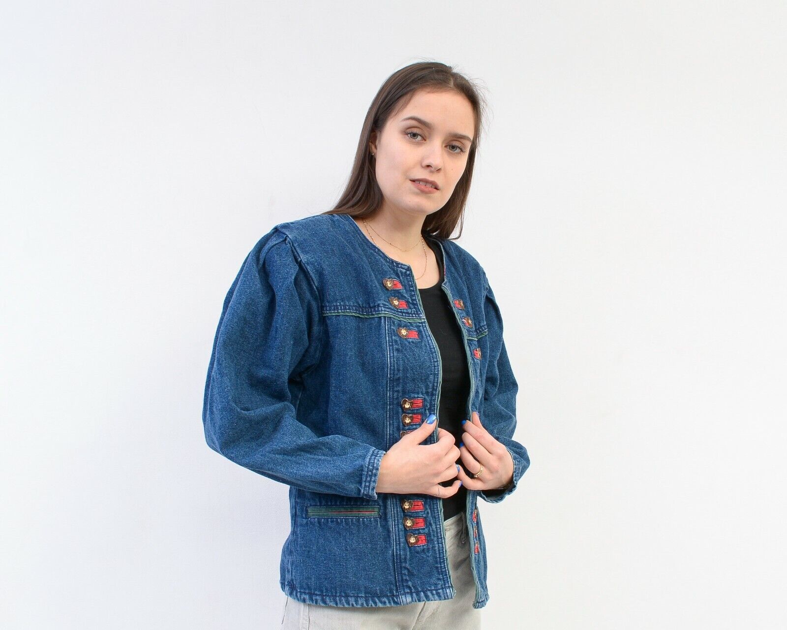 Other × Vintage Alphorn Trachten Denim Blazer Jacket Wooden Heart Buttons Size L / US 10 / IT 46 - 3 Thumbnail