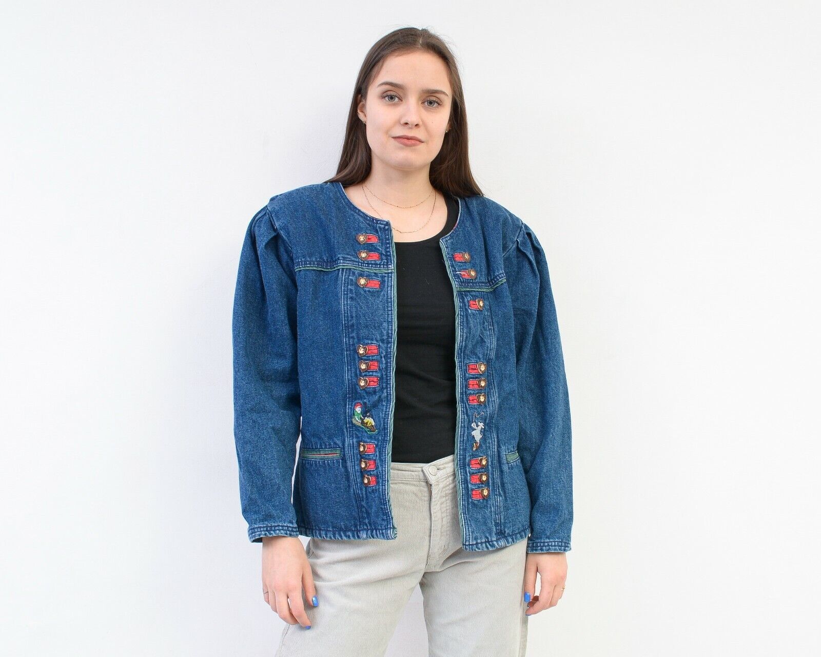 Other × Vintage Alphorn Trachten Denim Blazer Jacket Wooden Heart Buttons Size L / US 10 / IT 46 - 2 Thumbnail