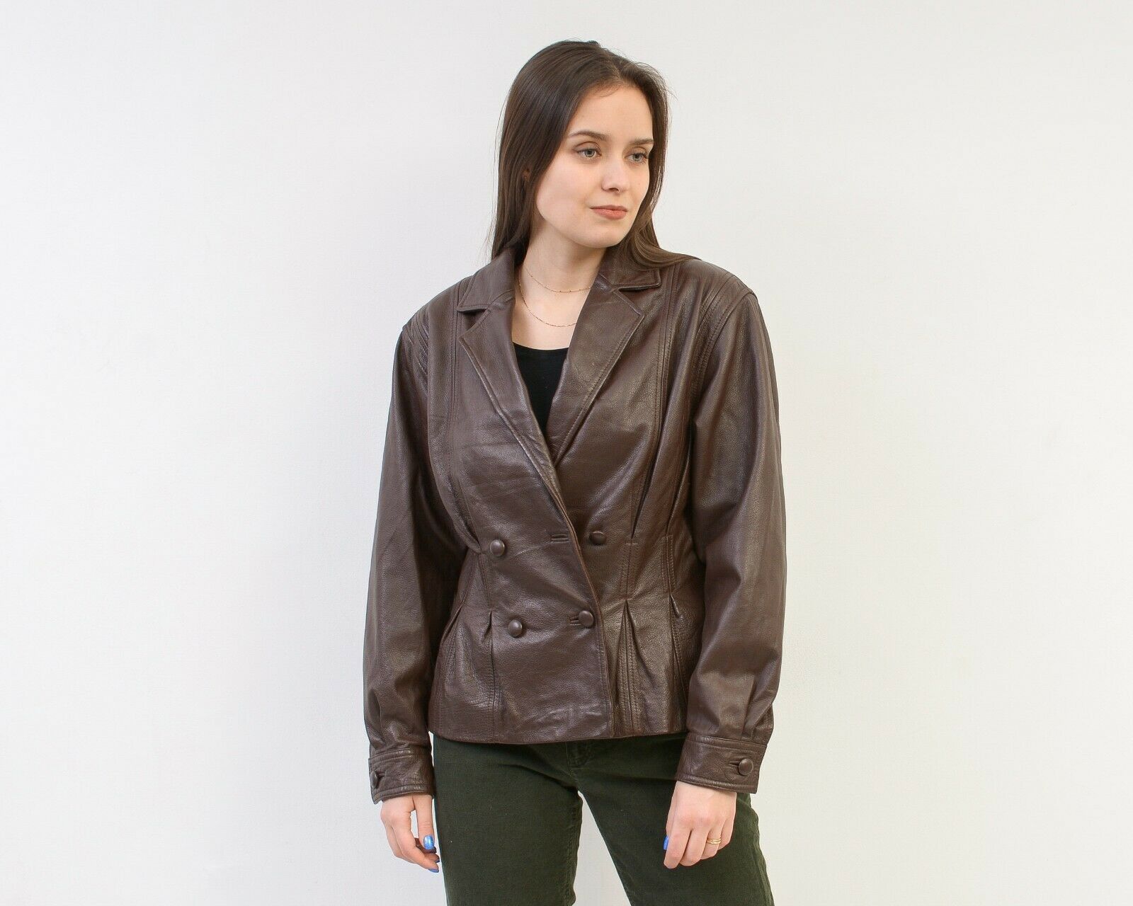 Vintage Leather Jacket Blazer Double Breasted Buttons Coat Thin Size M / US 6-8 / IT 42-44 - 1 Thumbnail