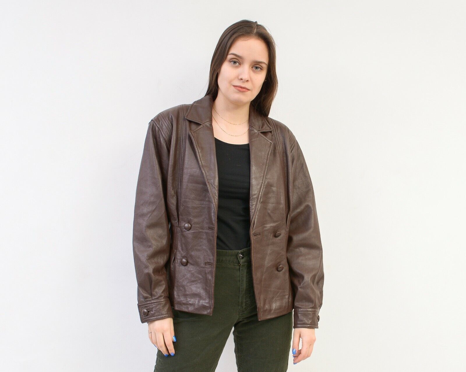 Vintage Leather Jacket Blazer Double Breasted Buttons Coat Thin Size M / US 6-8 / IT 42-44 - 2 Thumbnail