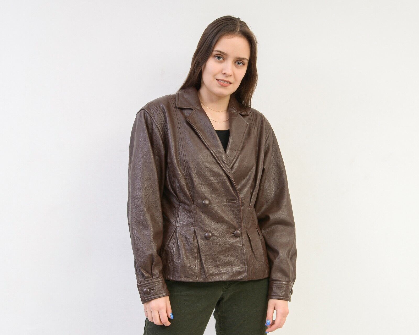 Vintage Leather Jacket Blazer Double Breasted Buttons Coat Thin Size M / US 6-8 / IT 42-44 - 3 Thumbnail