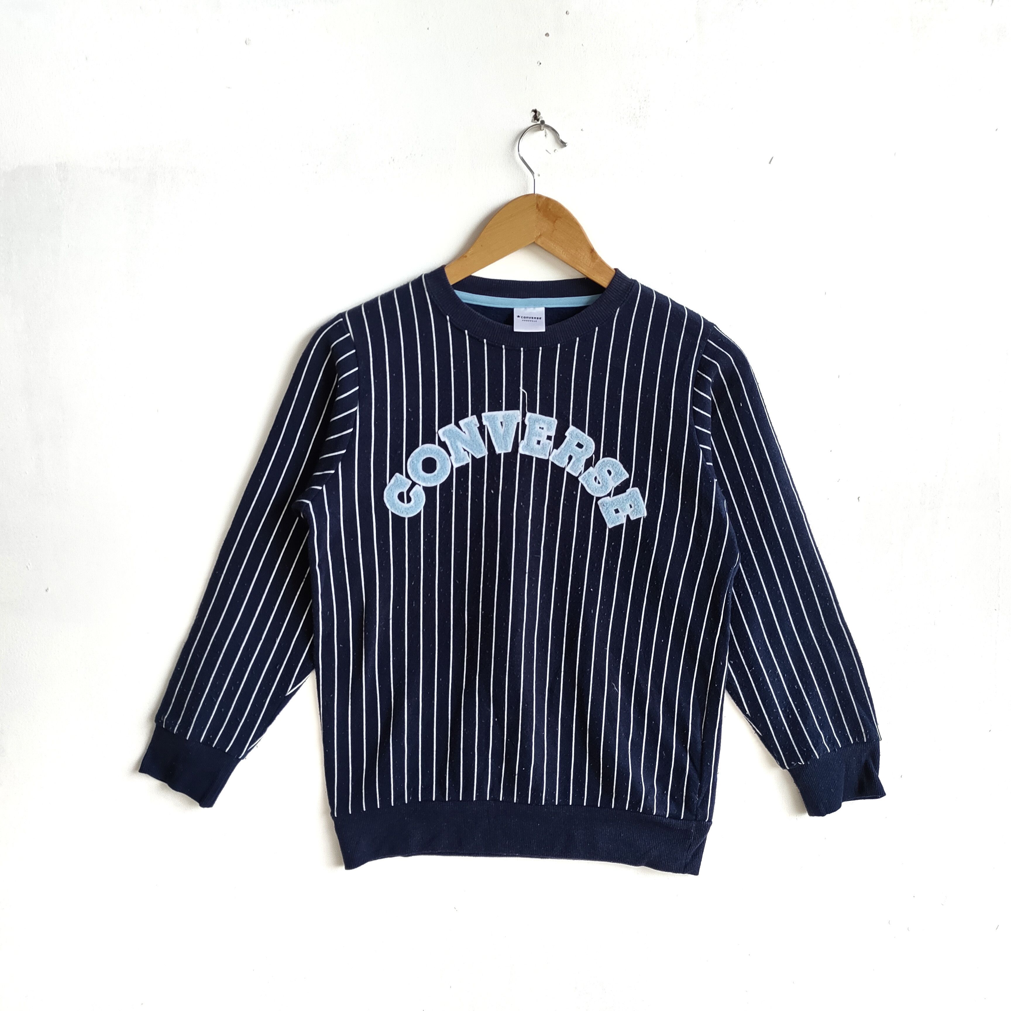 image of Converse Big Embroidery Spell Out Stripe Pattern Sweatshirt, Men's (Size Small)