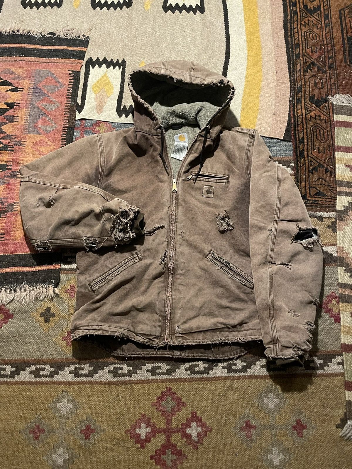 Pre-owned Carhartt X Vintage Carhartt Detroit Style Hooded Sherpa Workwear Jacket In Brown