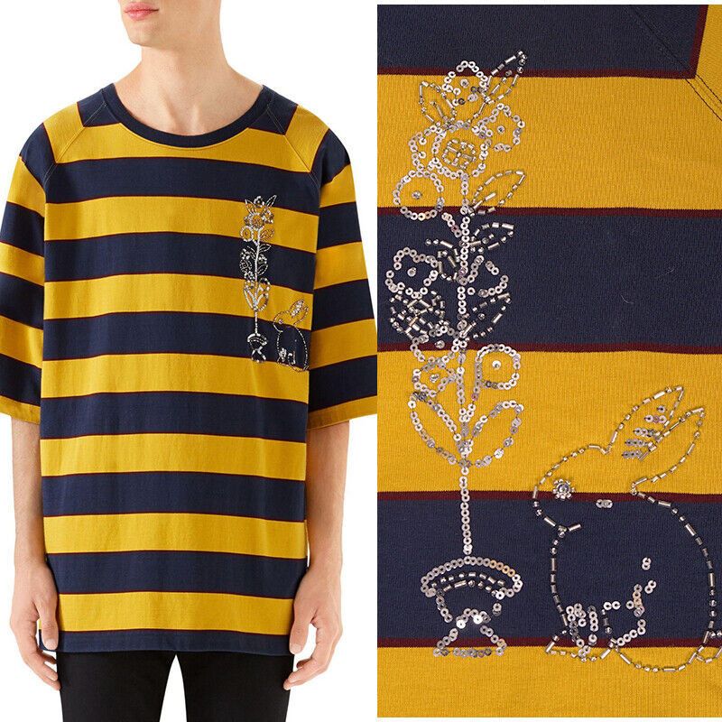 Gucci GUCCI Men Yellow Striped SEQUIN RABBIT EMBROIDERED T-Shirt L Size US L / EU 52-54 / 3 - 1 Thumbnail