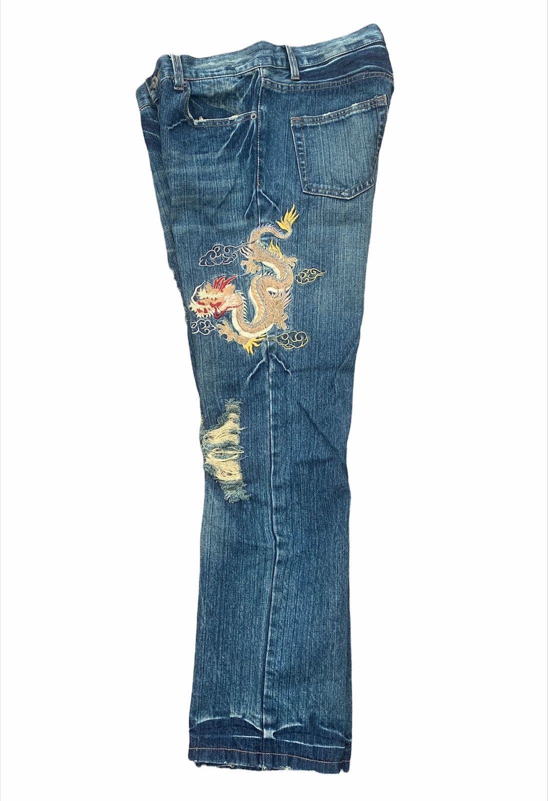 JAPANESE BRAND DRAGON BIG EMBROIDERY LOGO RIPPED DENIM PANTS