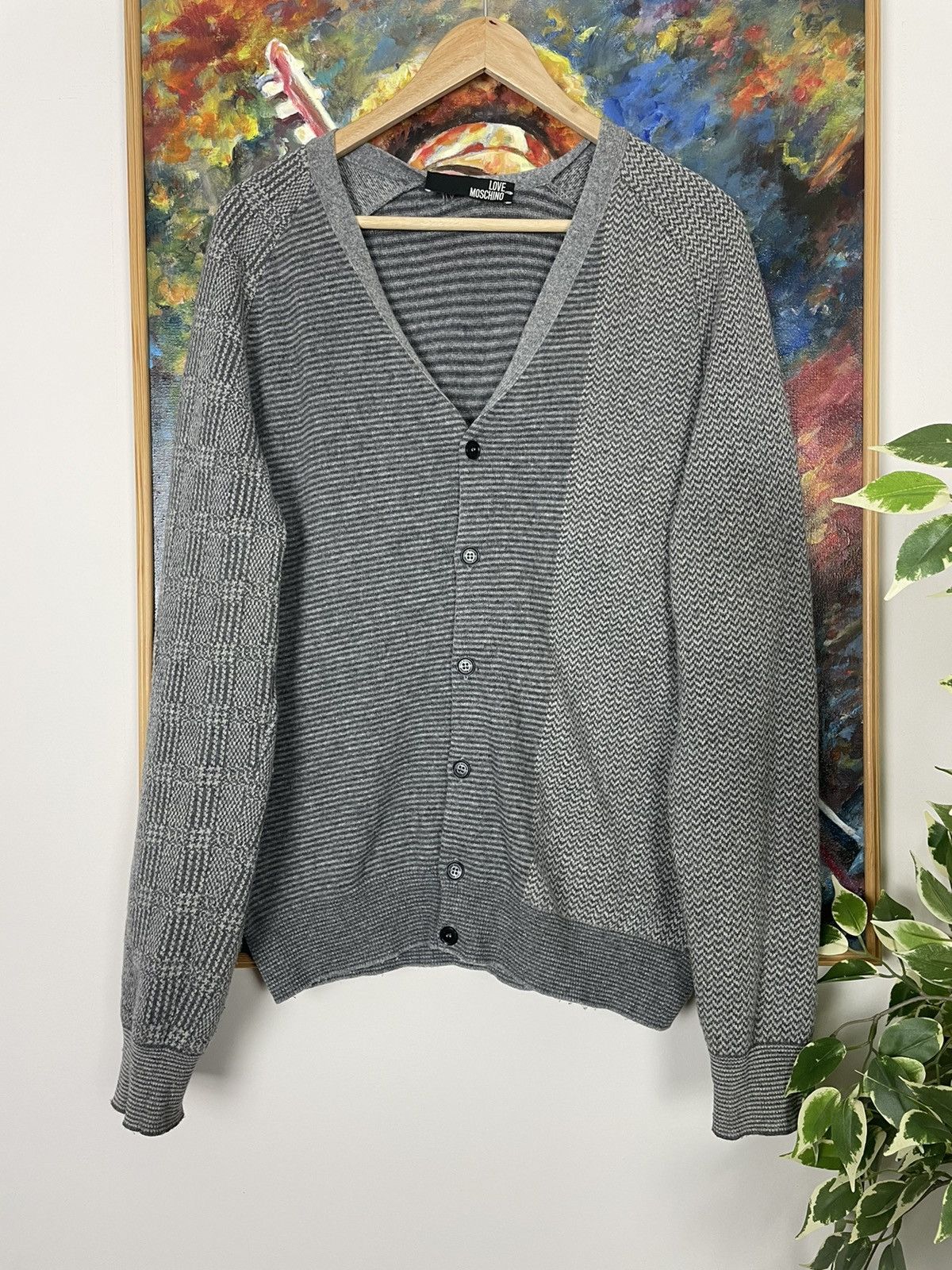 Love Moschino Grey Wool Cardigan Sweater Knit Rare Striped