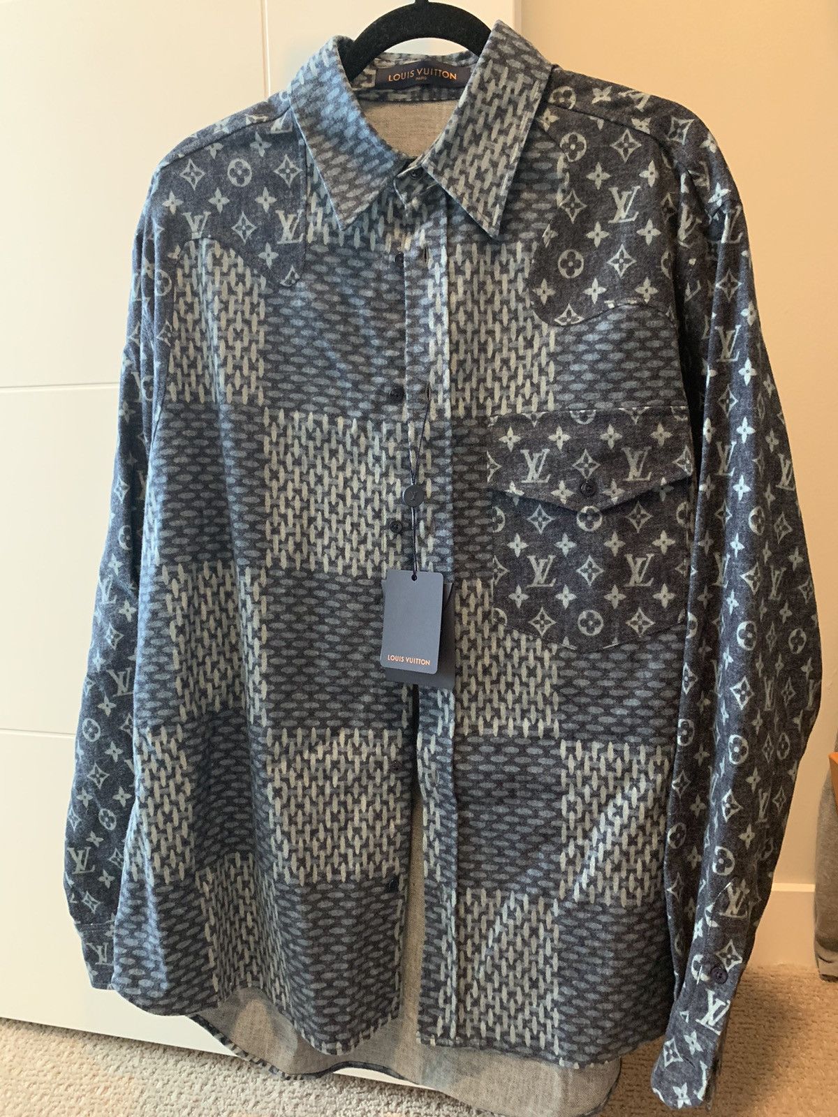 Louis Vuitton Men's Nigo Button Shirt Jacket Giant Damier Waves Monogram  Fleece Blue 176183347