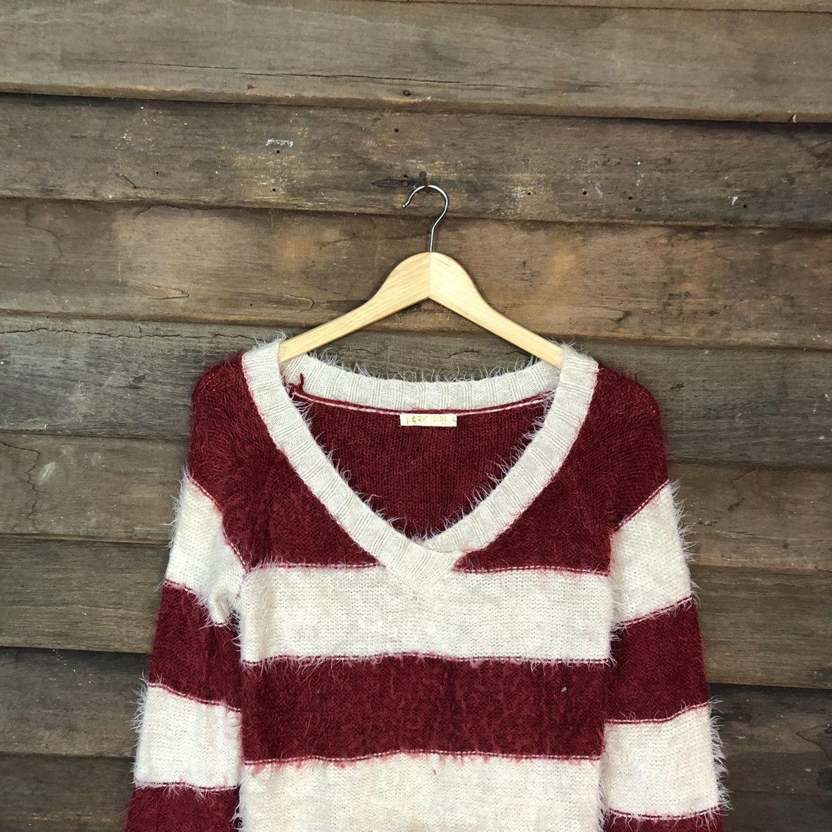 Homespun Knitwear Park Girl Stripe White Maroon Mohair Knitwear #0537 Size M / US 6-8 / IT 42-44 - 2 Thumbnail