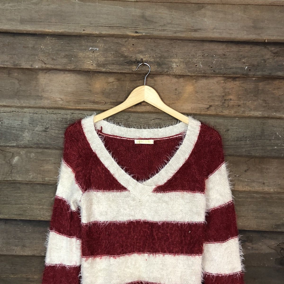 Homespun Knitwear Park Girl Stripe White Maroon Mohair Knitwear #0537 Size M / US 6-8 / IT 42-44 - 9 Thumbnail