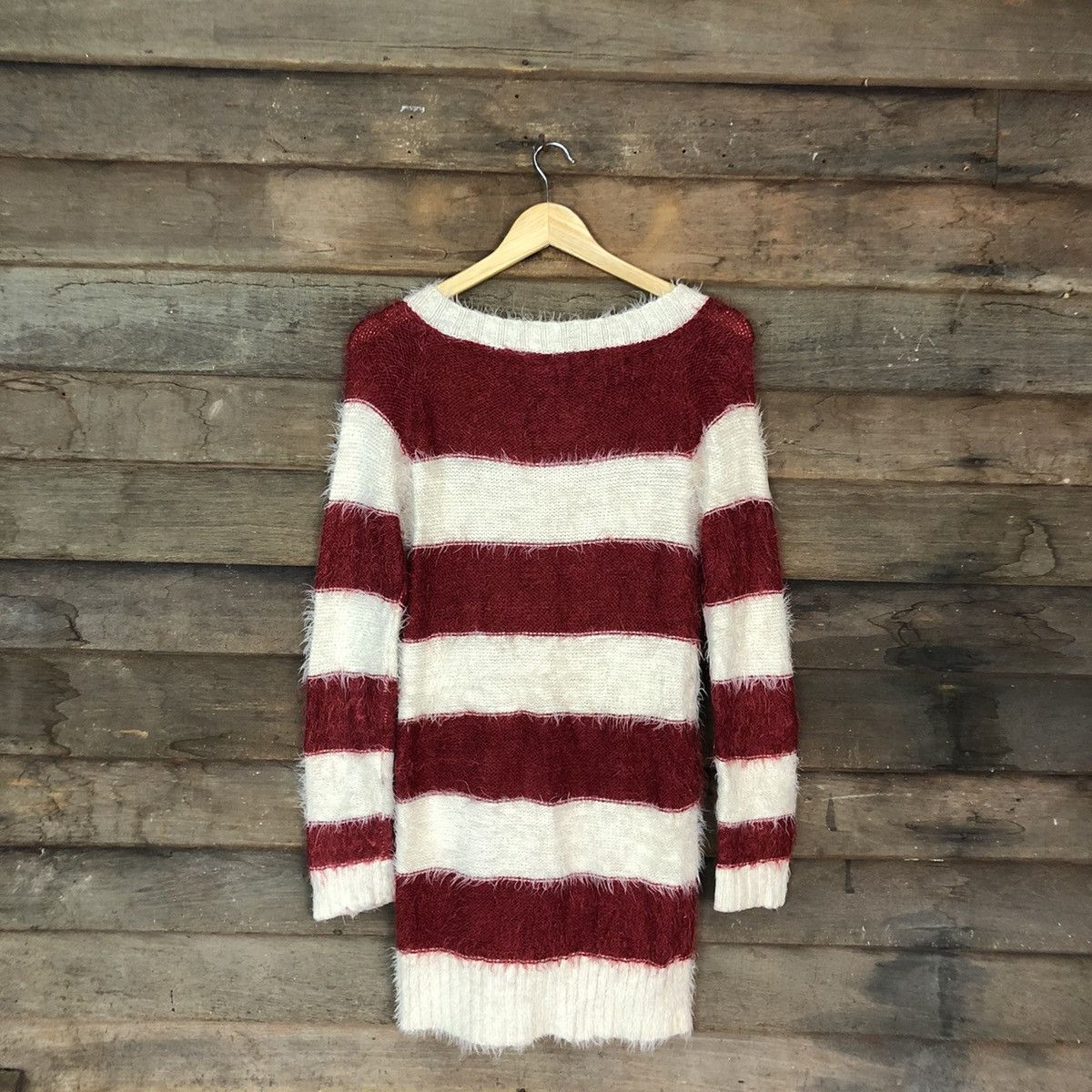 Homespun Knitwear Park Girl Stripe White Maroon Mohair Knitwear #0537 Size M / US 6-8 / IT 42-44 - 11 Thumbnail