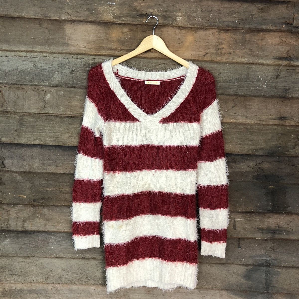 Homespun Knitwear Park Girl Stripe White Maroon Mohair Knitwear #0537 Size M / US 6-8 / IT 42-44 - 3 Thumbnail