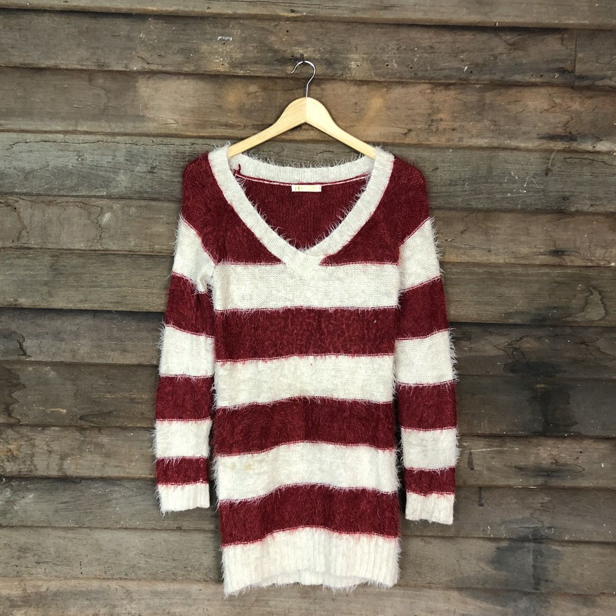 Homespun Knitwear Park Girl Stripe White Maroon Mohair Knitwear #0537 Size M / US 6-8 / IT 42-44 - 1 Thumbnail