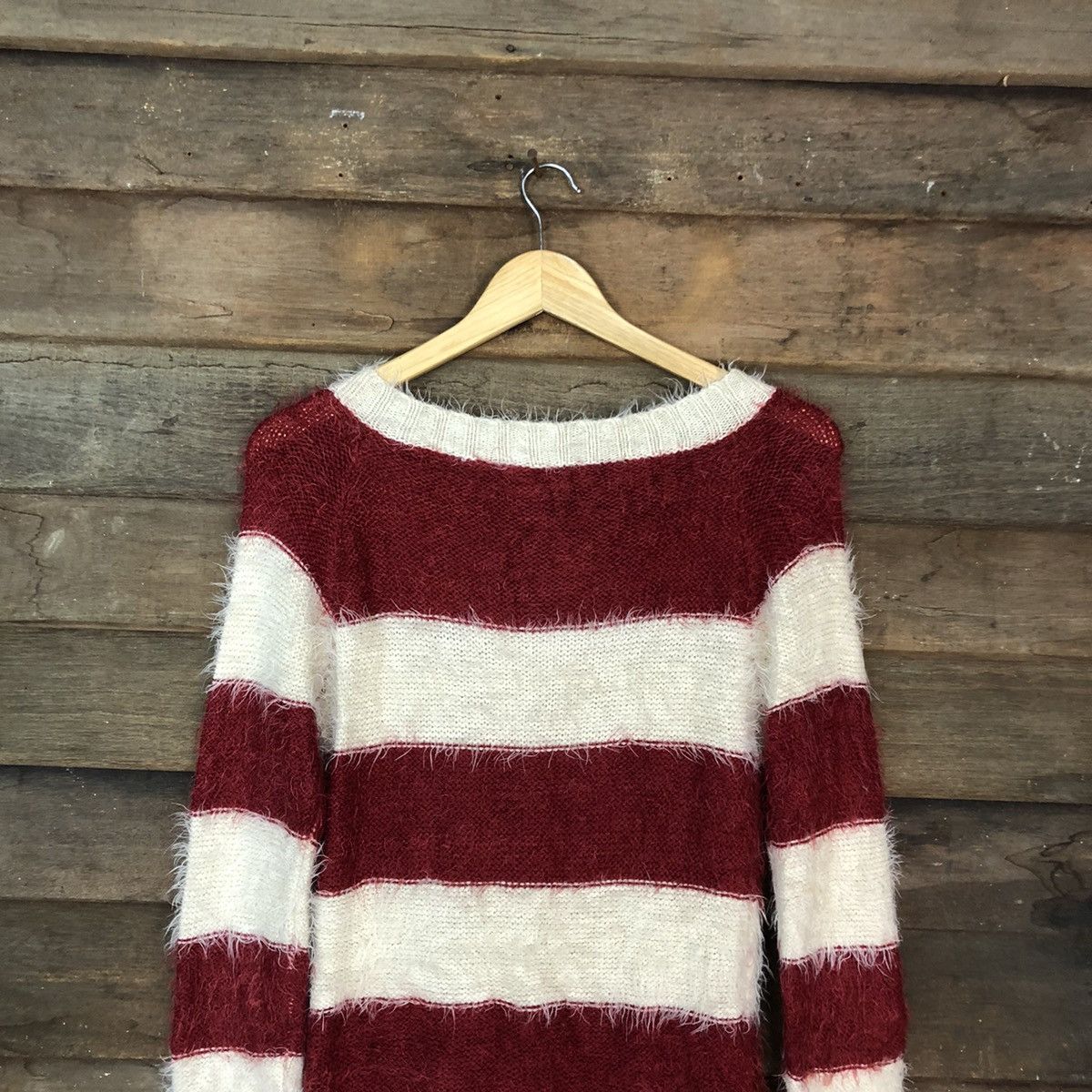 Homespun Knitwear Park Girl Stripe White Maroon Mohair Knitwear #0537 Size M / US 6-8 / IT 42-44 - 12 Thumbnail