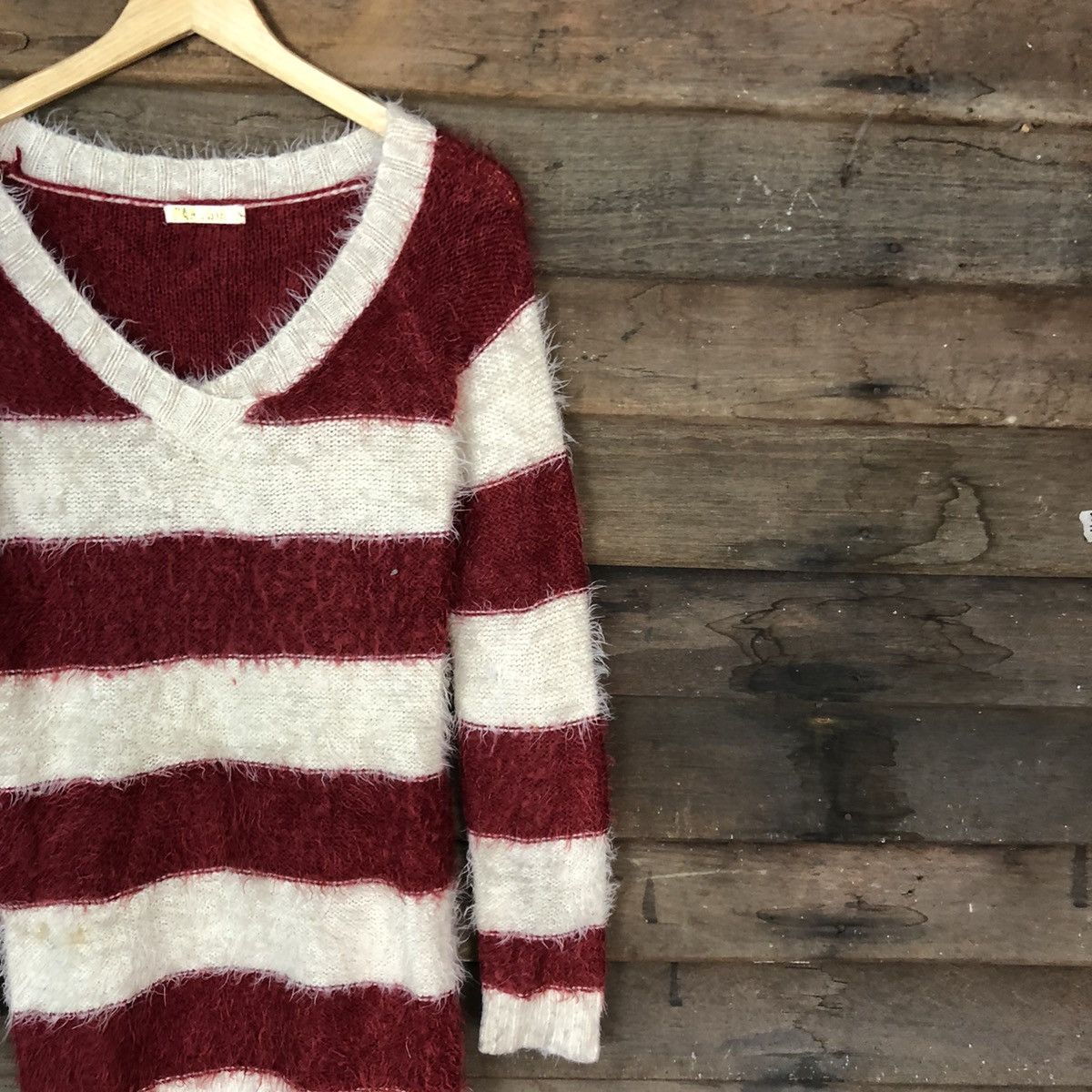 Homespun Knitwear Park Girl Stripe White Maroon Mohair Knitwear #0537 Size M / US 6-8 / IT 42-44 - 5 Thumbnail